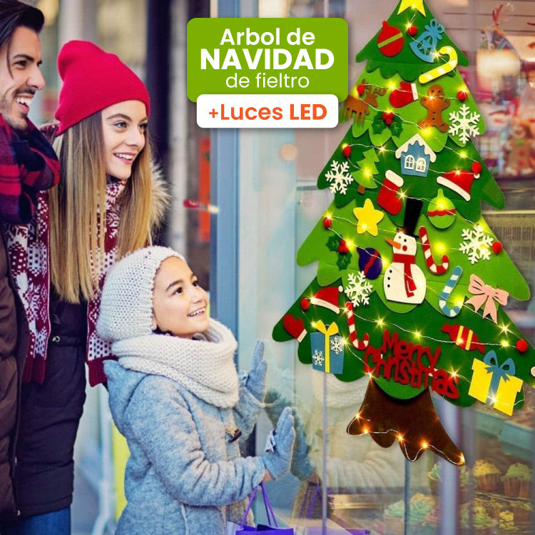 Árbol de navidad de fieltro con 25 adornos + luces de 3m