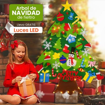 Árbol de navidad de fieltro con 25 adornos + luces de 3m